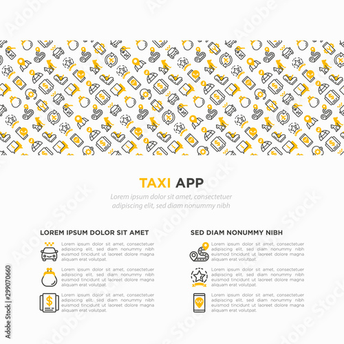 Taxi app concept with thin line icons: payment method, promocode, app settings, info, support service, phone number, route, destination, airport transfer, baby seat. Vector illustration.