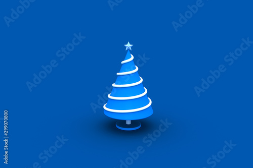Abstract blue Christmas tree with yellow ribbon and golden star. 3D rendering photo