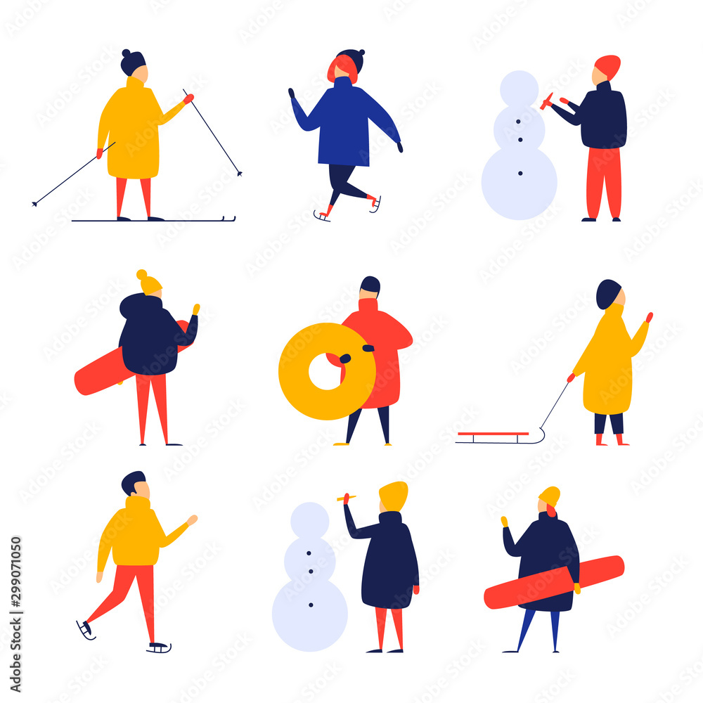 Group of people skiing, sculpting a snowman, decorating a Christmas tree, snowboard, new year. Flat style vector illustration.