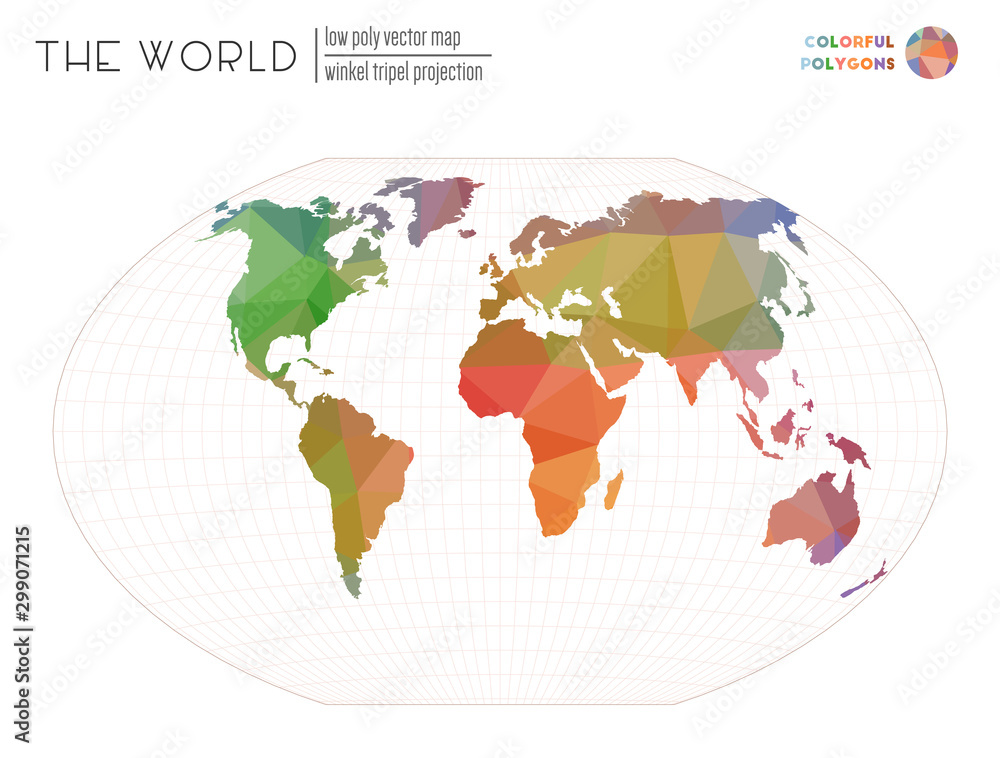 Abstract world map. Winkel tripel projection of the world. Colorful colored polygons. Stylish vector illustration. Abstract world map. Winkel tripel projection of the world. Colorful colored polygons. Stylish vector illustration.