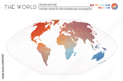Low poly world map. McBryde-Thomas flat-polar sinusoidal equal-area projection of the world. Red Yellow Blue colored polygons. Trending vector illustration.