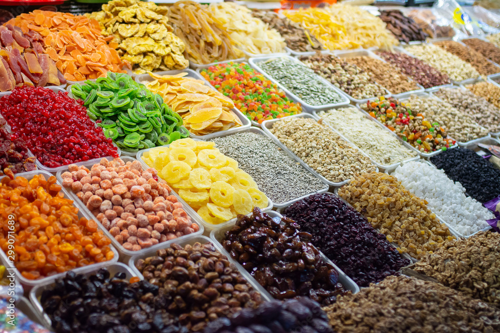 dried fruits, nuts and candied fruits on the market
