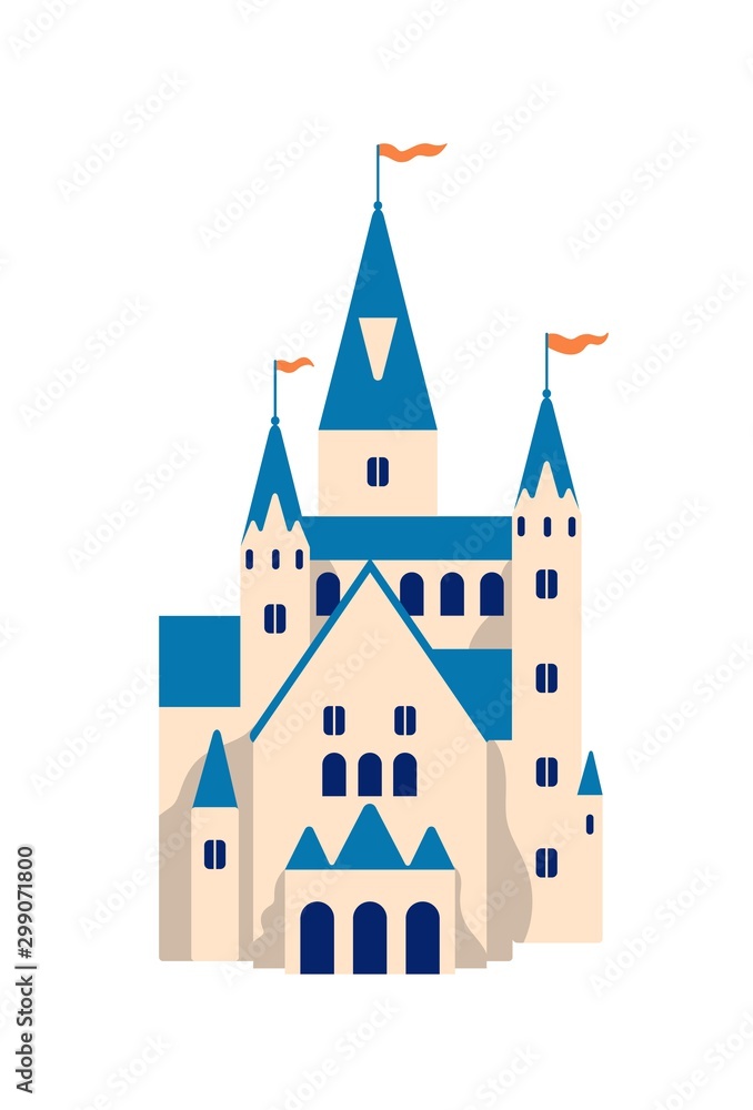 Medieval castle flat vector illustration. Cartoon fairytale fortress. Princess residence, royal palace isolated on white background. Stronghold with towers, building facade, historical architecture.