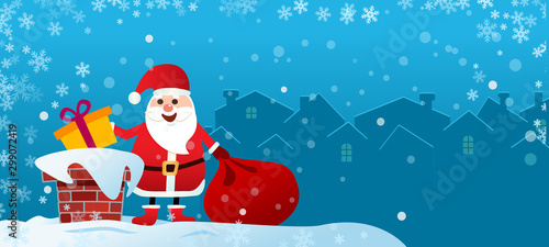 Merry Christmas flyer. Santa Claus on the roof with a bag of gifts, throws a gift in the chimney. Blue background Winter and white snowflakes.