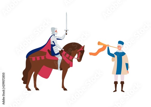 Royal herald with trumpet and knight on horse flat vector illustration. Medieval cartoon characters. Cavalier and old time messenger isolated on white. Fairytale, fantasy personages.