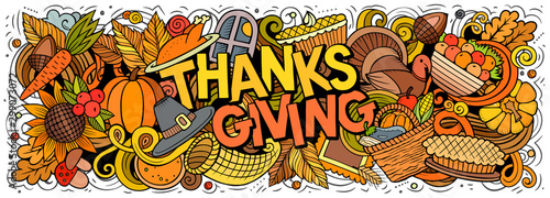 Happy Thanks giving hand drawn cartoon doodles illustration.