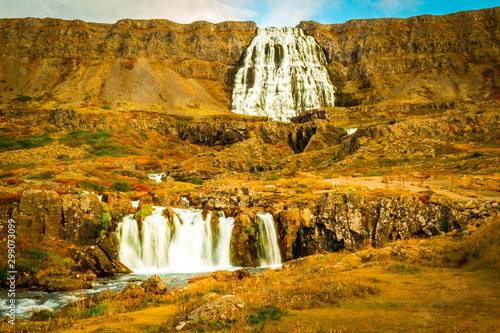 beautiful landscape with two waterfalls in iceland