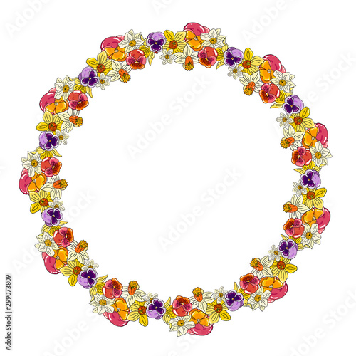 Vector corner circle wreath of narcissus and pansy isolated on white. Fresh and bright floral frame. Yellow, pink and orange color