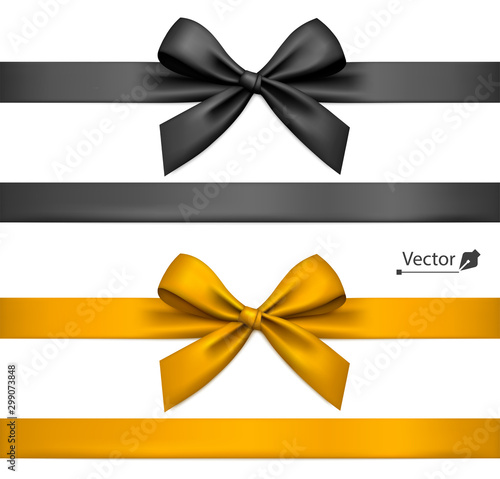 Realistic black and golden bows with ribbon. Element for decoration gifts, greetings, holidays.