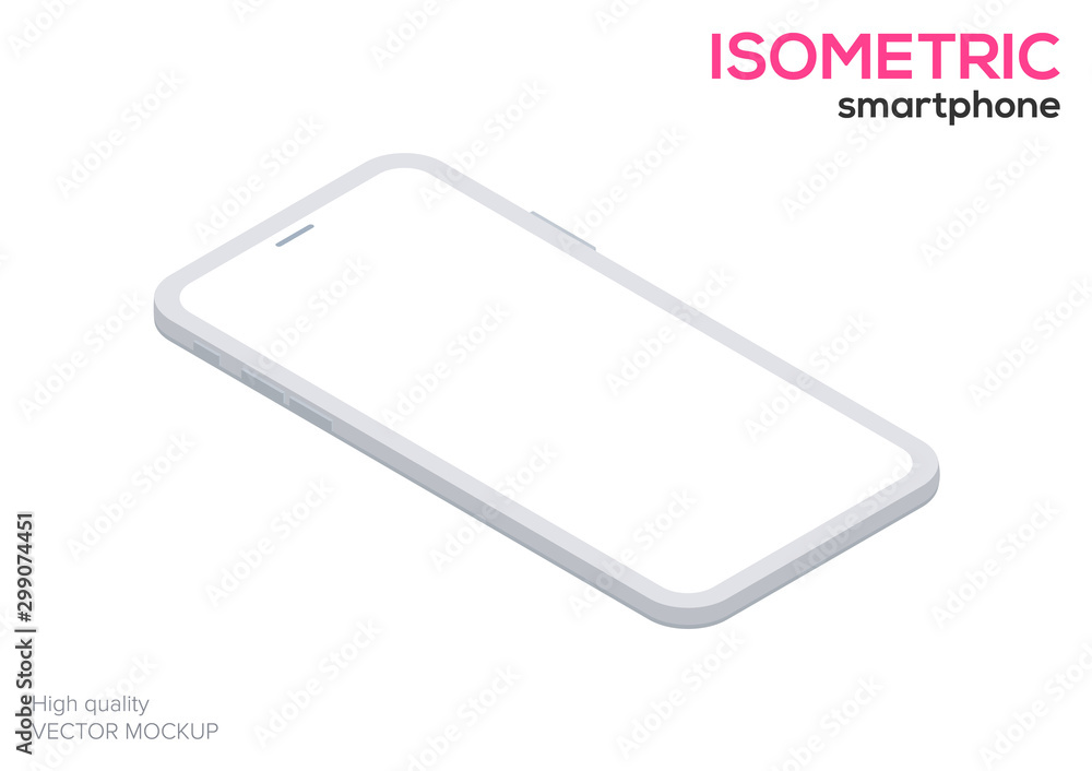 White smartphone mock up in isometric style with blank screen isolated ...