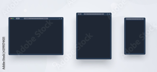 Browser mockup set web, mobile and tablet size in dark theme. Template for website, internet page, for promotion site and application design. Browser concept, high quality vector illustration.