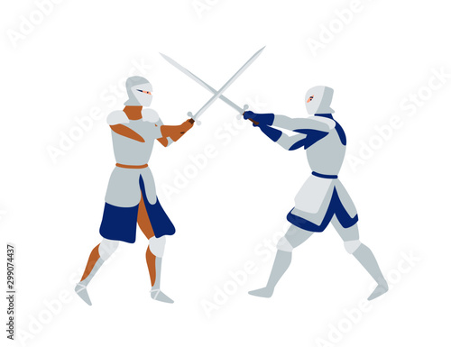 Medieval warriors fighting flat vector illustration
