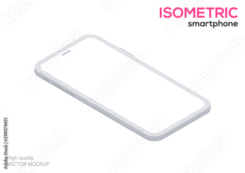 White smartphone mock up in isometric style with blank screen isolated. Mobile phone template for ux app and web presentation. Perspective view of vector cell isometric mobile device illustration.
