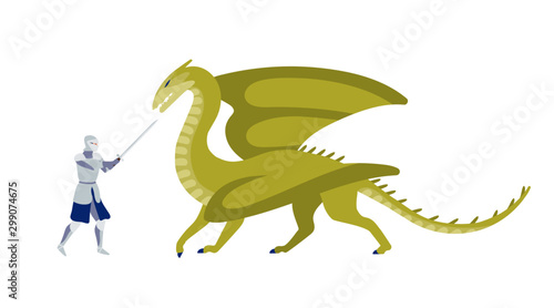 Knight fighting with dragon flat vector illustration