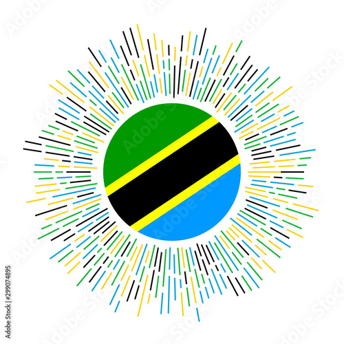 Tanzania sign. Country flag with colorful rays. Radiant sunburst with Tanzania flag. Vector illustration.