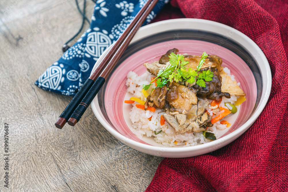 Vietnamese style caramel pork with rice and vegetable
