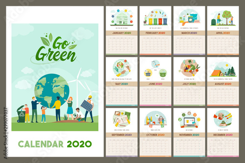 Go green wall calendar 2020 with eco friendly tips and advices for a sustainable zero waste living, grid planner with recycled paper texture