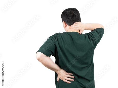Portrait of unhappy young Asian man suffering from neck and back pain isolated on white background with copy space. Office syndrome, painful disease, body pain relief, healthcare and medicine concept.