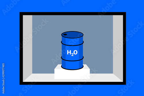 Water scarcity - Water as scarce item and precious resource. Barrel with H2O is in the shop window offered to buy and purchase. Vector illustration.