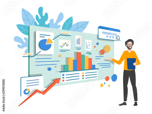 Investment and virtual finance. Communication and contemporary marketing. Business analysis concept. Infographic for web banner, hero images. Flat isometric vector illustration.