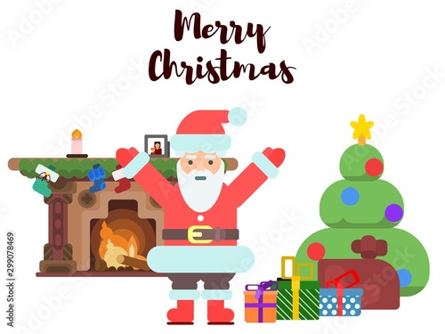 Santa Claus near the fireplace and Christmas tree