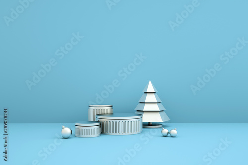Merry Christmas and Happy New Year 3d rendering with xmas balls, christmas tree, platform for product presentation, mock up. Winter decoration, xmas minimal design