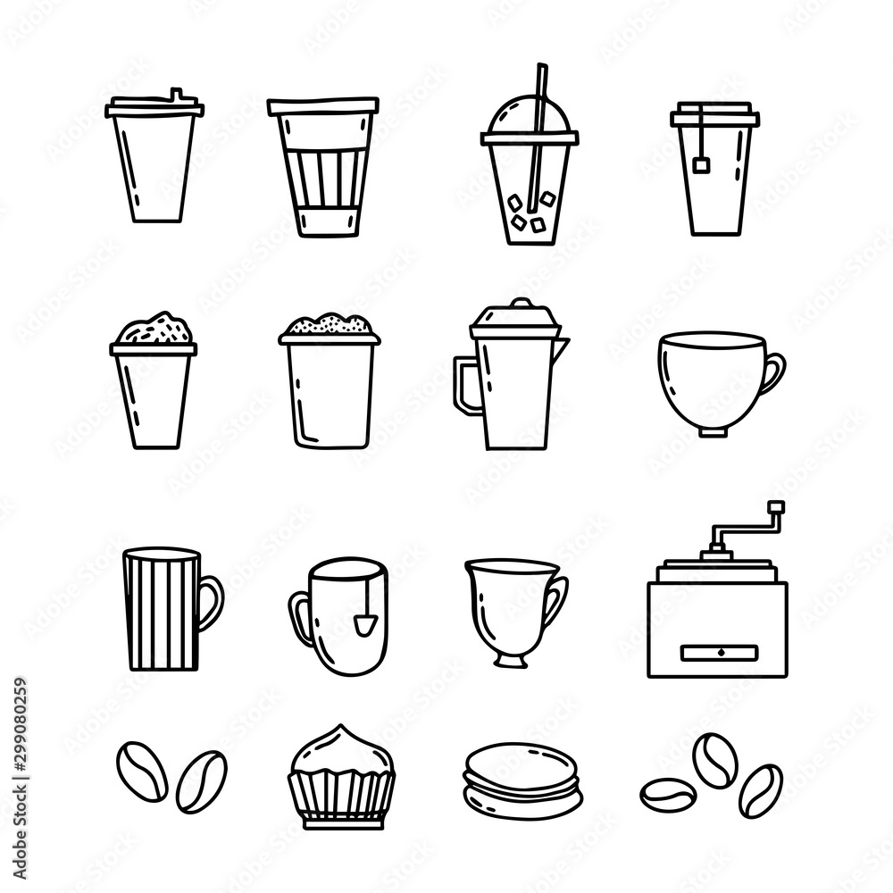 Big set hot and cold winter or autumn drinks and Sweets, Cups in different styles. Coffee, tea, fresh, macaroon, cake,Coffee grinder,beans. Big set hot and cold winter or autumn drinks and Sweets, Cups in different styles. Coffee, tea, fresh, macaroon, cake,Coffee grinder,beans.