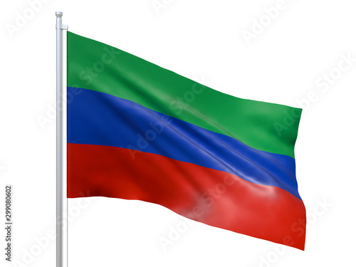Dagestan Republic (Federal subject of Russia) flag waving on white background, close up, isolated. 3D render