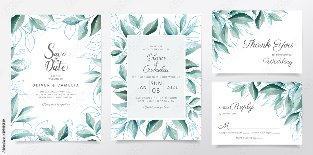 Blue wedding invitation card template set with watercolor leaves border. Elegant botanic decoration background of blue floral for invites, greeting, save the date vector