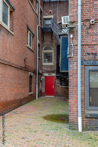 Rear entrance to old brick apartment buildings with red door, fire escape, vertical aspect © Natalie Schorr