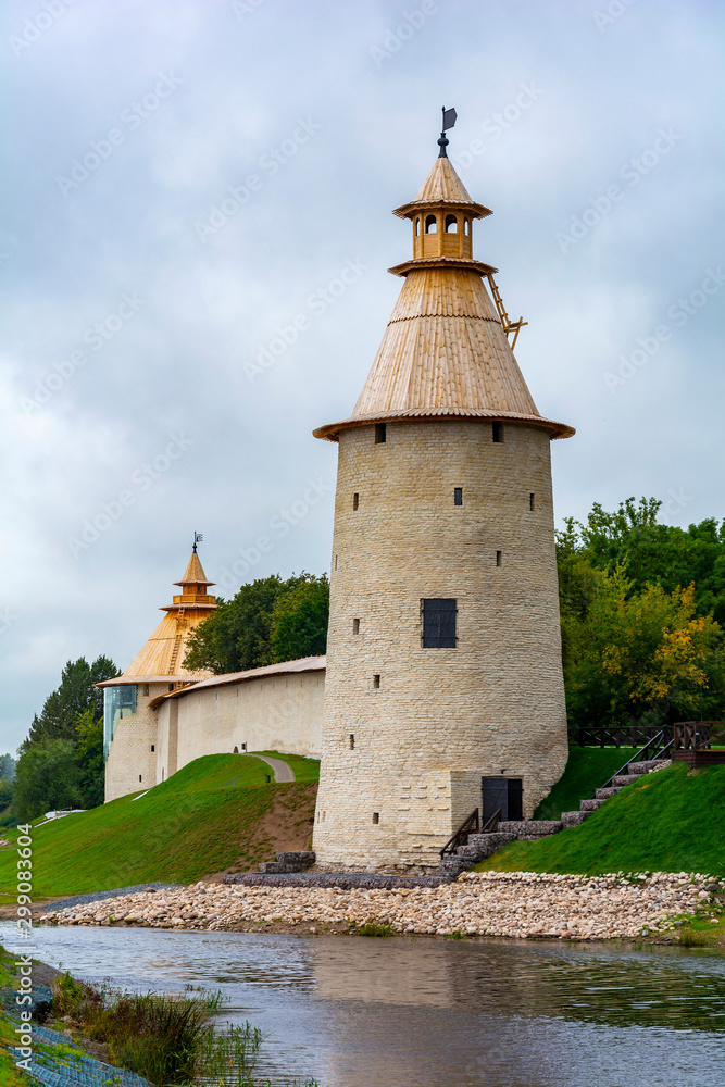 Pskov,  High and Vаrlamovskaya corner towers surrounding town at the mouth of the river Pskovа