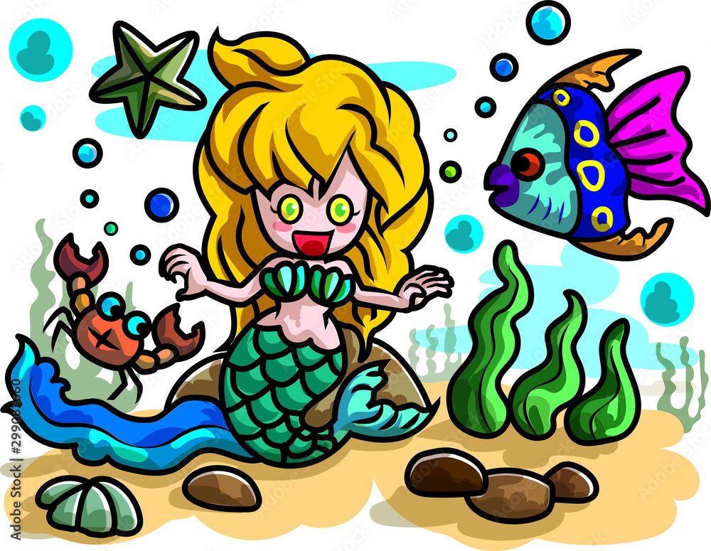 Fototapeta premium little cute mermaid in deep sea with animal