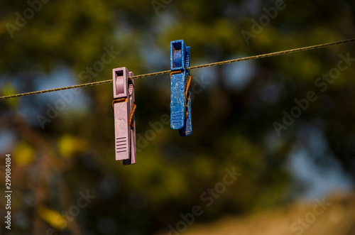 clothespins on a rope against the backdrop of green