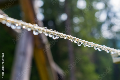 plastic clothesline with dew drops on closeup.