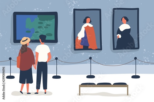 Couple visiting art gallery, museum flat vector illustration. People viewing showpieces at exhibition. Tourists looking at paintings at display hall. Man and woman enjoying artworks.
