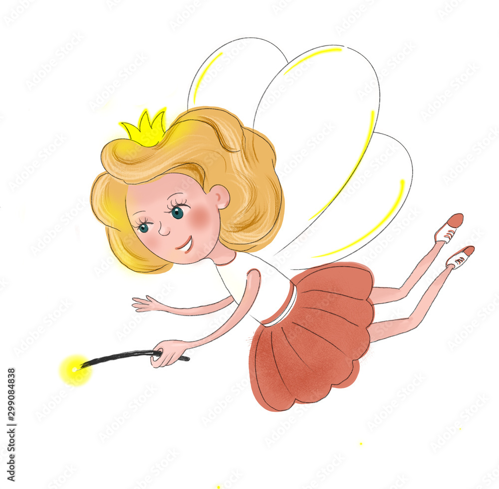 Girl fairy with wings and a magic wand. Hand drawn illustration isolated on white background