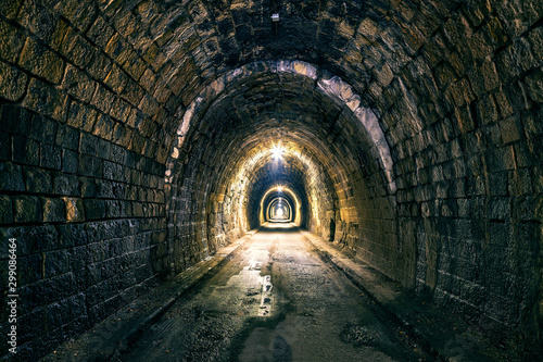 Old road tunnel with lights. Margecansky tunel/Margecany tunnel. Kosice region in Slovakia.