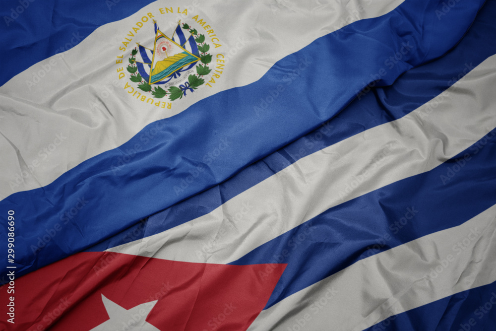 Fototapeta premium waving colorful flag of cuba and national flag of el salvador.