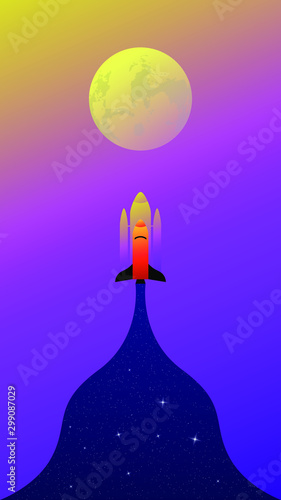 Lunar mission, a spaceship flies to the moon. In a simple flat style.