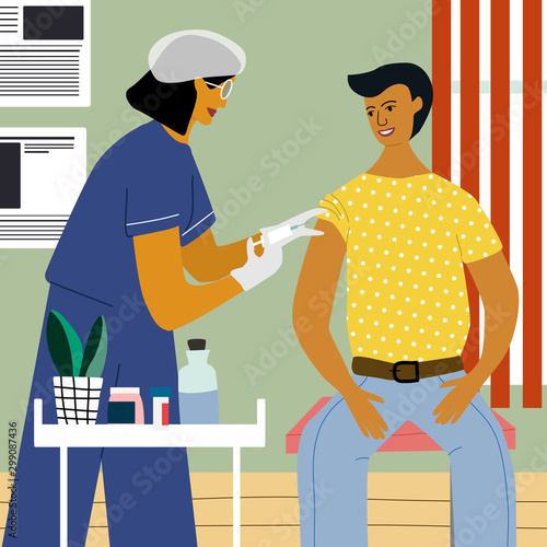 Vaccination and immunization concept. Man make a flu vaccine injection.  Doctor with syringe and gloves vaccinating a man at the medical laboratory. Flat trendy vector illustration.