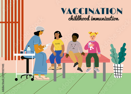 Children vaccination and immunization concept poster. Doctor pediatrician with syringe and gloves vaccinate a kid girl. Children wait in a queue. Flat colorful vector illustration.