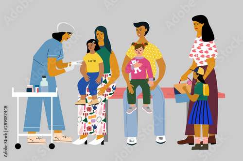 Children vaccination and immunization concept. Doctor pediatrician with syringe and gloves vaccinate a kid girl. Children with parents wait in a queue. Flat colorful vector illustration.