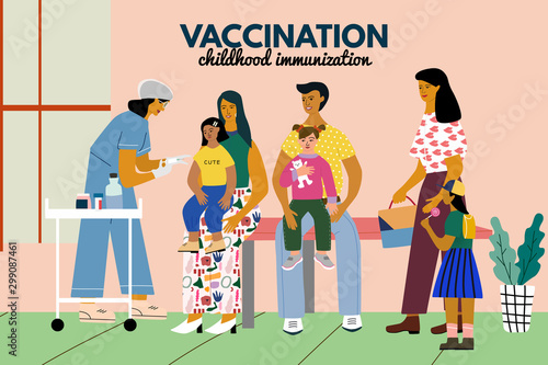 Children vaccination and immunization concept poster. Doctor pediatrician with syringe vaccinate a kid girl. Children with parents wait in a queue in medical clinic. Flat colorful vector illustration.