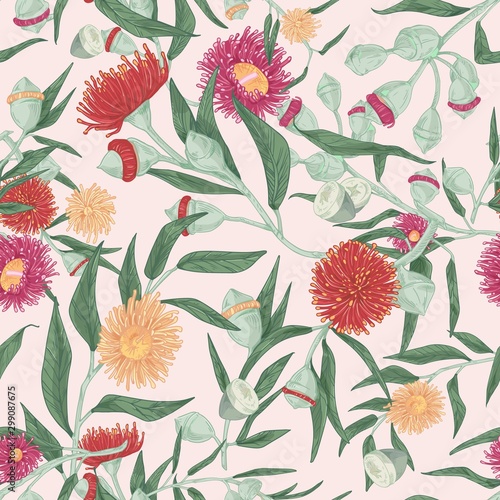 Blooming eucalyptus vector seamless pattern. Gum-tree stems and burgeons colorful texture. Exotic evergreen blossoming plant drawing. Fabric, textile, wallpaper, wrapping paper design.