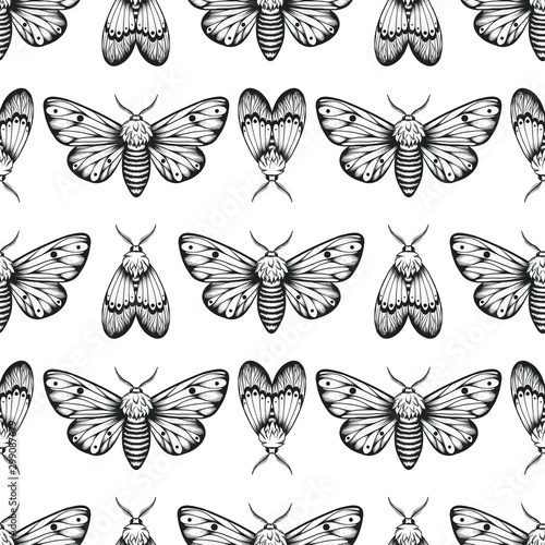 seamless pattern of moth  sketch style butterfly illustration  vector illustration isolated on white  tattoo design