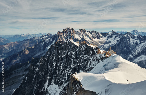View from above on a mountain range. Mont Blanc massif. French Alps.