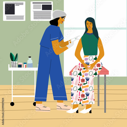 Vaccination and immunization concept. Woman make a flu vaccine injection.  Doctor   with syringe and gloves vaccinating a woman at the medical laboratory. Flat trendy vector illustration