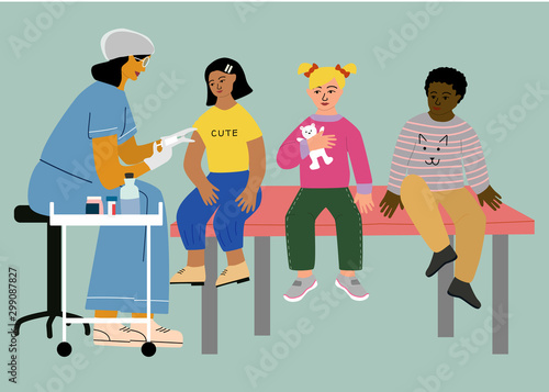 Children vaccination and immunization concept. Doctor pediatrician with syringe and gloves vaccinate a kid girl. other children wait in a queue. Flat colorful vector illustration.