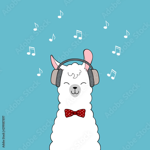 Cute cartoon llama wearing headphones and listening music. Hand drawn illustration