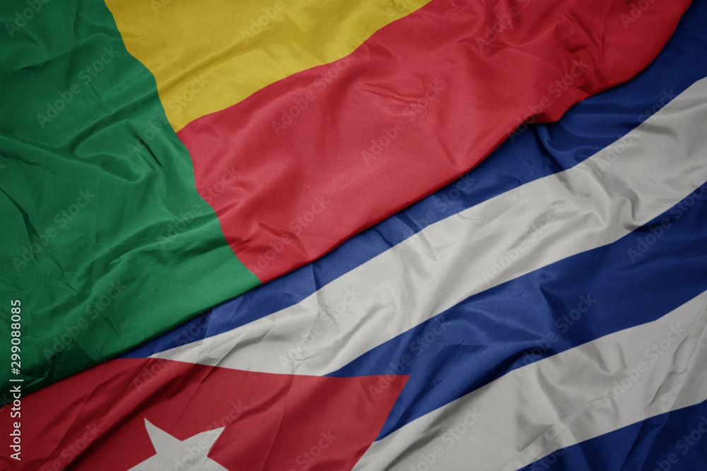 waving colorful flag of cuba and national flag of benin.